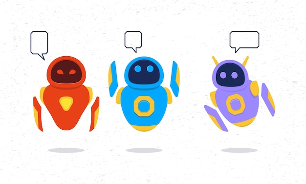 Raccolta di simpatici cartoni animati robot con nuvoletta, concetto comico di chat bot.