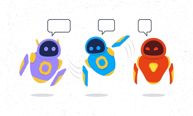 Collection of cute robot with speech bubble for communication.