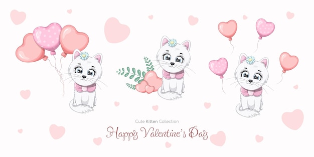 Collection of cute and romantic kittens for Valentine's Day cards