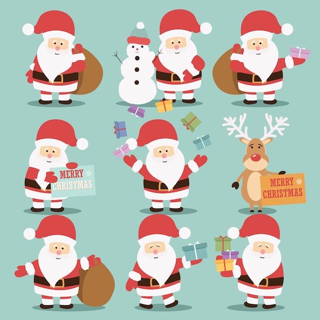 Collection of cute santa claus characters with reindeer