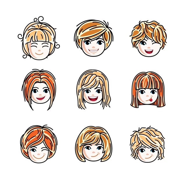 Raccolta di simpatici volti di ragazze sorridenti che esprimono emozioni positive, illustrazioni vettoriali di testa umana. set di ragazze adolescenti dai capelli rossi e bionde con belle caratteristiche del viso, clipart.