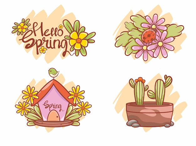 Collection of cute spring illustrations. cartoon character and illustration 