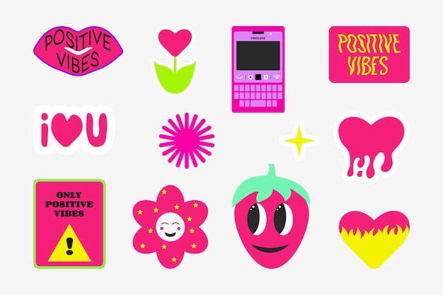 Vector collection of cute stickers funky hipster stickers y2k style