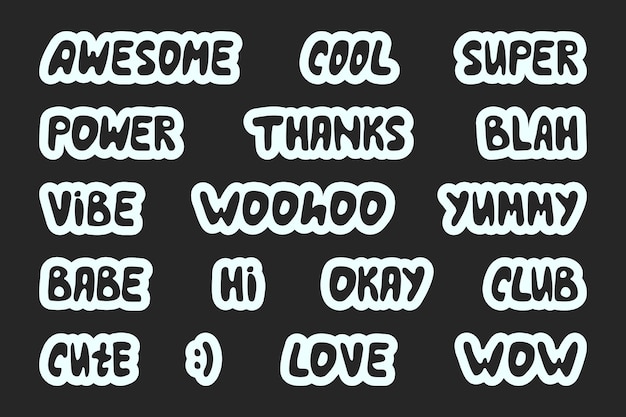 Collection of cute stickers Words and sounds written in cute cool font y2k style