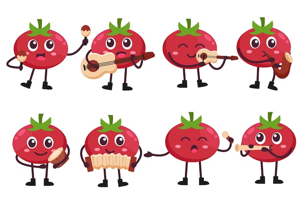 Collection cute strawberry fruit playing music theme bundle set. Flat Cartoon design for mascot or sticker, vector illustration