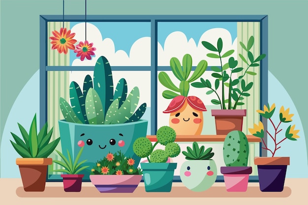 A collection of cute succulent plants on a windowsill illustration