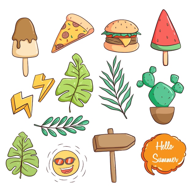 collection of cute summer icons with hand drawn  doodle style