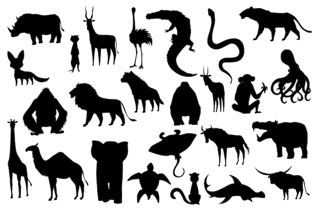 Collezione di simpatici animali vettoriali. animali silhouette disegnati a mano che sono comuni in africa. set di icone isolato su uno sfondo bianco