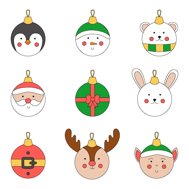 Collection of cute vector christmas balls in cartoon style.