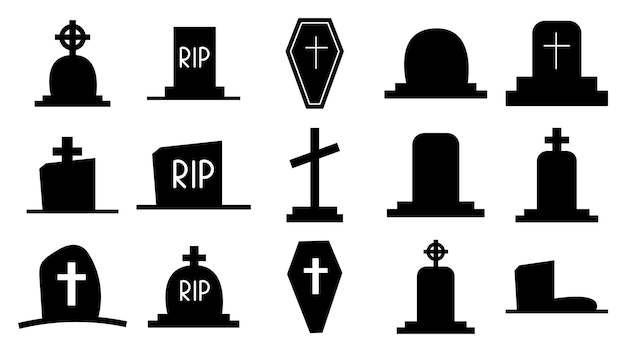 Collection of dark silhouettes of tombstones. Icons of graves, monuments with crosses. Tomb with a cross and gravestones. Death and burial symbol. Vector illustration isolated.