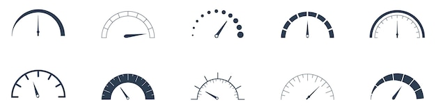 Collection of dark speedometer and gauge icons representing speed metrics and loading indicators