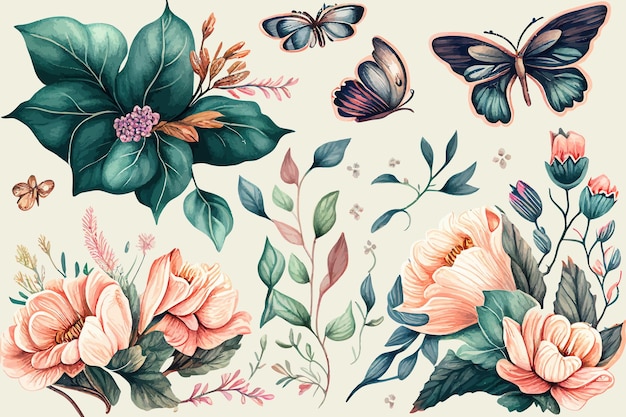 Collection decorative design of watercolor flowers Vector illustration desing