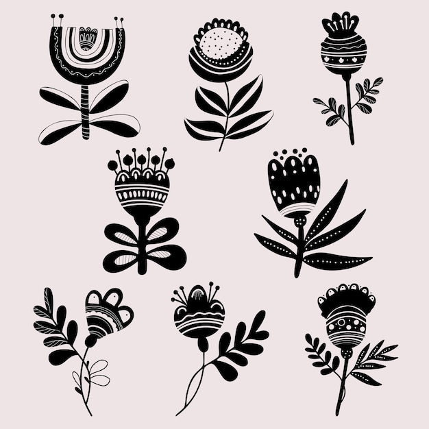 Collection of decorative flowers Black outline and silhouette Branch with flowers and buds