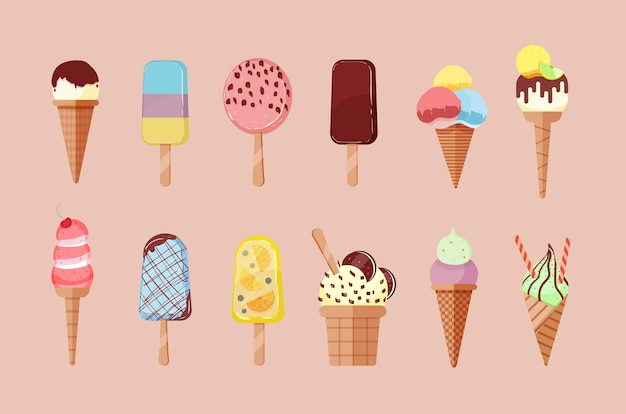 Collection of delicious ice cream of various type isolated on light background. Set of tasty frozen creamy desserts decorated with chocolate glaze and fruits. Flat cartoon colored vector illustration.