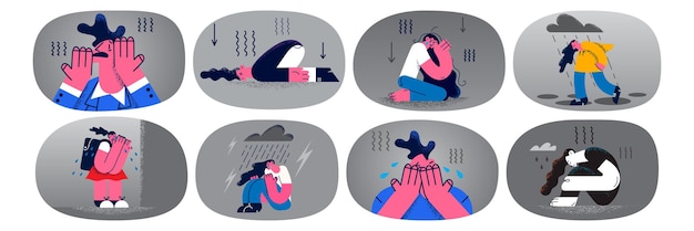 Vector collection of depressed woman struggle with mental breakdown