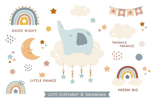 Collection of design elements for baby kids and children with cute elephant rainbows moon