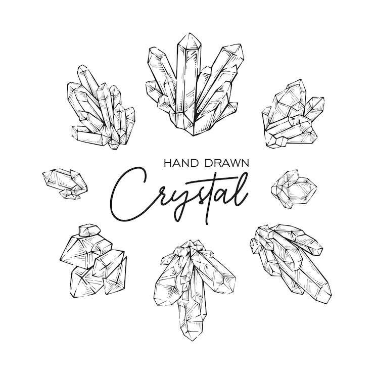 Vector collection of detailed crystal quartz mineral hand drawn outline gemstone set illustration drawing