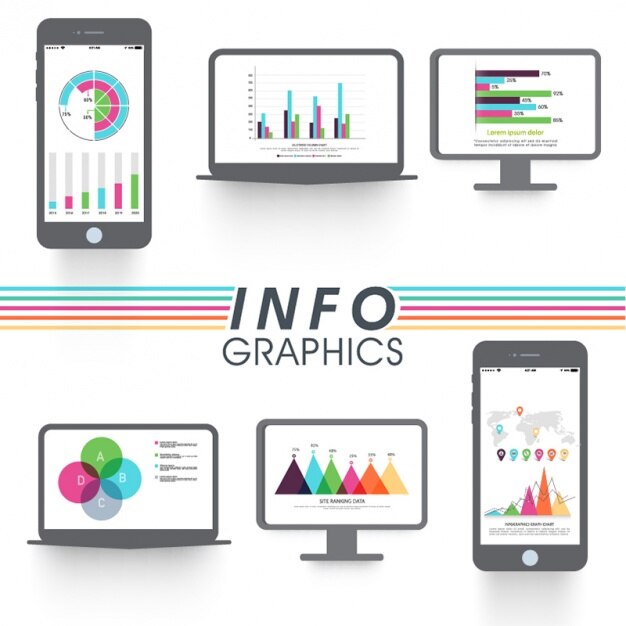 Collection of devices with colorful charts