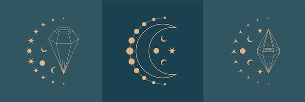 Vector collection of diamond and crescent monoline logo in boho style