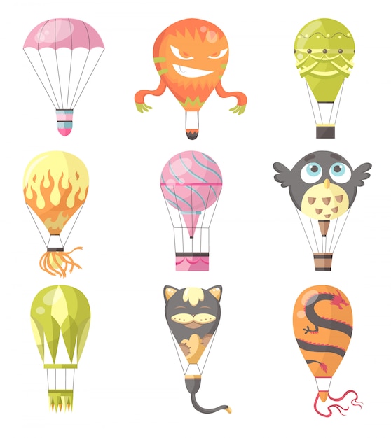 Collection of diferent typs romantic, cartoon animals and burn colorful flying entertainment festival balloons outdoor.