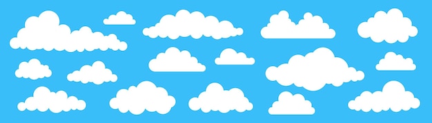 Vector collection of different abstract flat cartoon fluffy clouds isolated on blue sky panorama vector