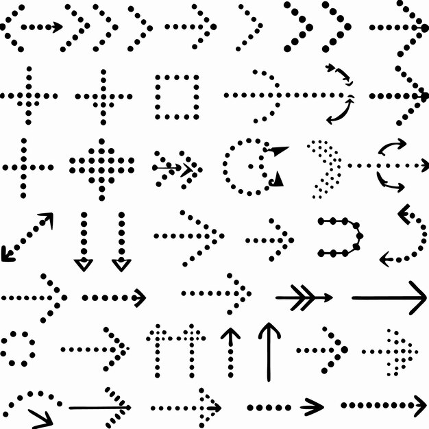 点線といくつかの固い矢印を持つ異なる矢印アイコンのコレクション