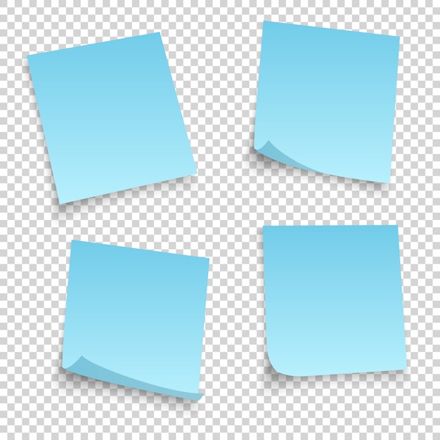 Vector collection of different blue sheets. papers note with curled corner isolated on transperent background.