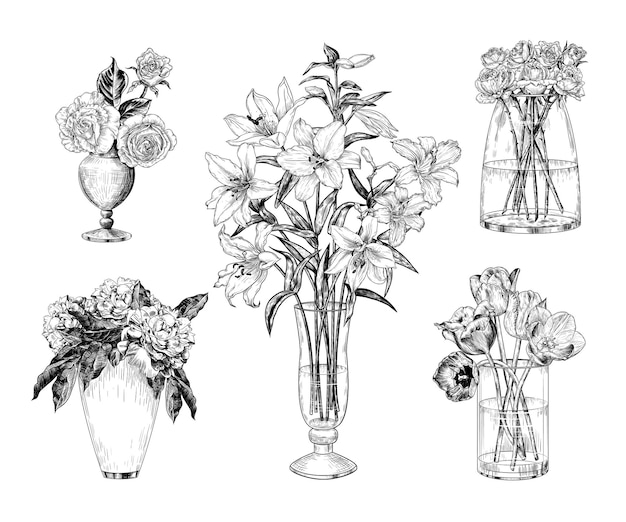 A collection of different bouquets in vases roses tulips peonies and lilies