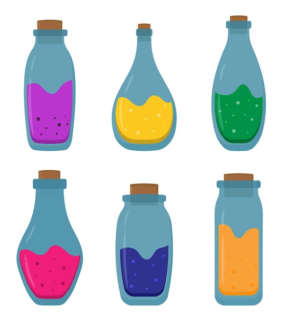 Collection of different cartoon potion bottles Glass flasks with magic potions