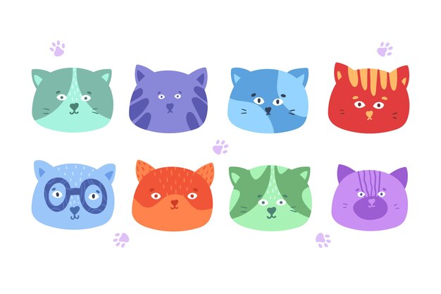 Collection of different cats in cartoon style.