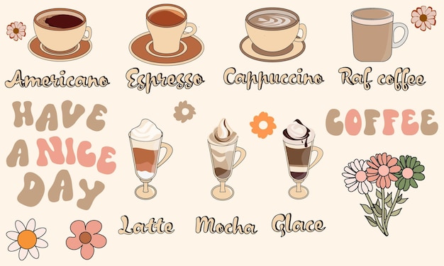 Vector a collection of different coffee drinks including latte, mocha, and mocha.