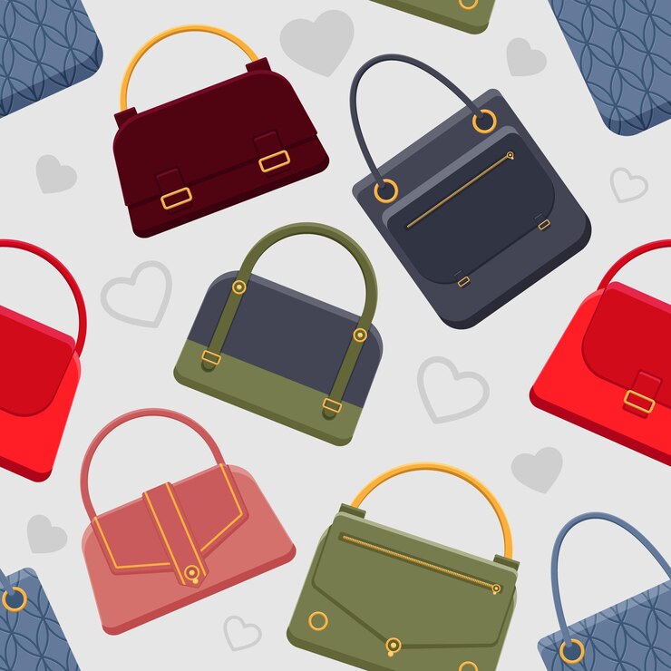 Vector テーブルの上の異なる色のバッグのコレクション
