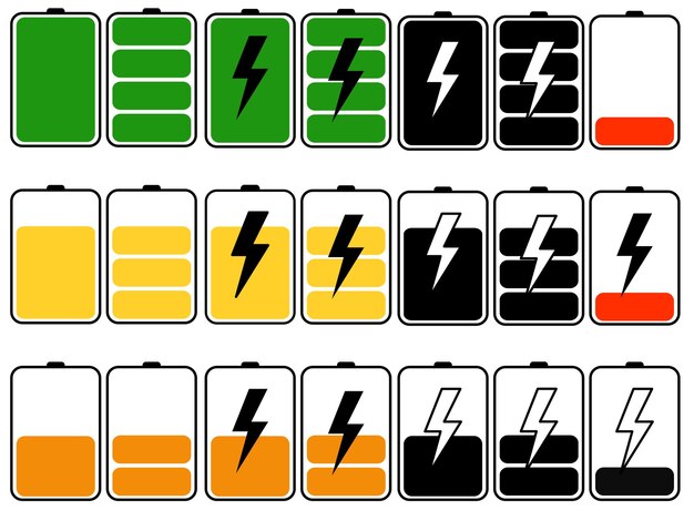 Vector a collection of different colored battery packs with the word lightning on them.