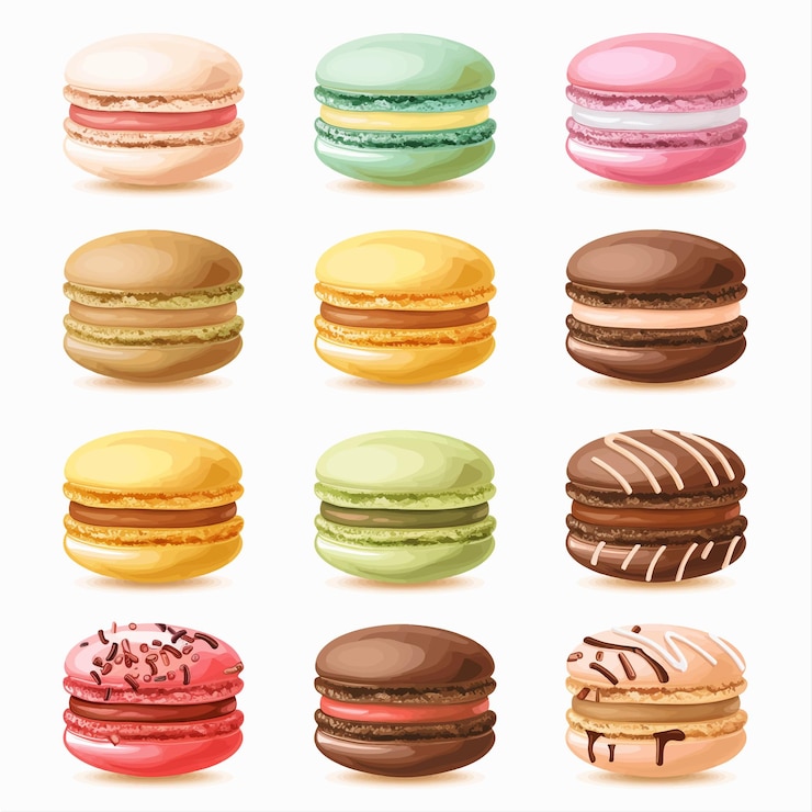 Vector 色とりどりのマカロニーとチーズケーキのコレクション