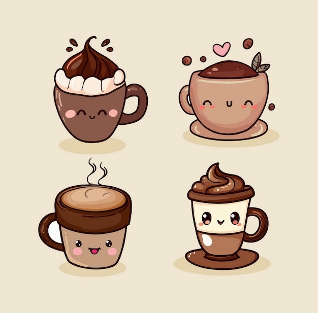 A collection of different cups of coffee with different emotions.
