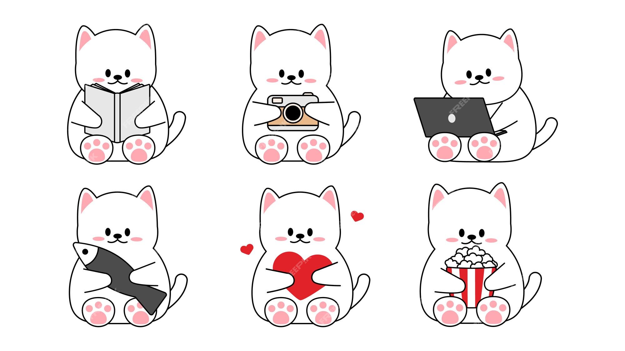 set of cute cats on white background, line style icon vector