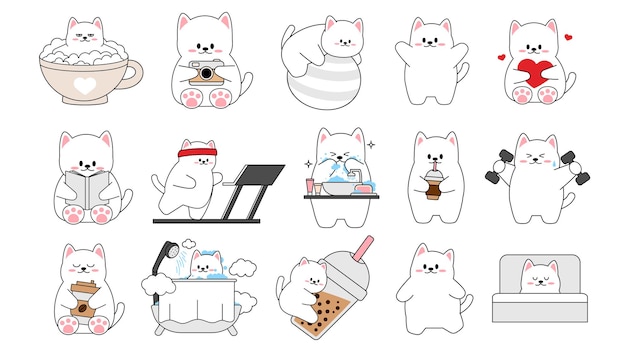 Raccolta di diversi gattini carini su sfondo bianco. kawaii set di personaggi animali divertenti design in stile cartone animato. gatto domestico. adesivi per bambini. illustrazione vettoriale.