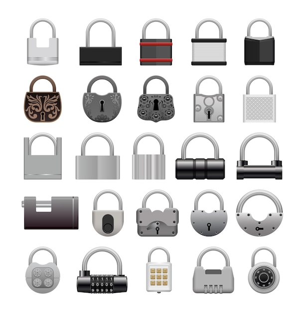 Collection of different door locks in detailed