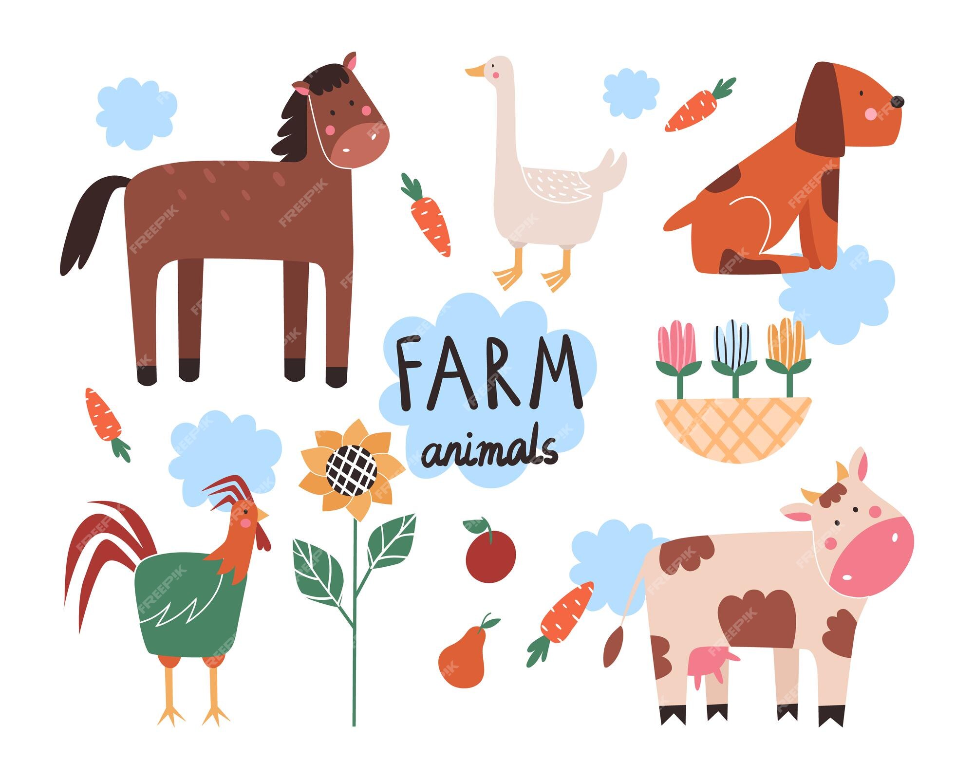 Premium Vector | Collection of different farm animals in cartoon style  horse goose dog rooster cow