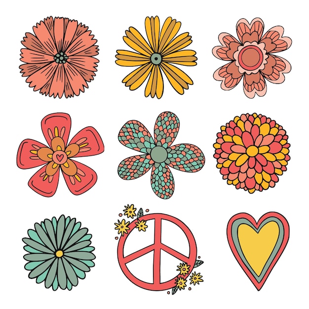 Vector collection of different flowers in a hippie style. groovy illustration on a white background