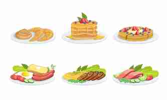 Vector collection of different food dishes set delicious freshly ooked served food cafe restaurant menu design elements vector illustration
