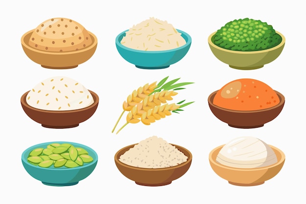 a collection of different foods including rice rice and other foods