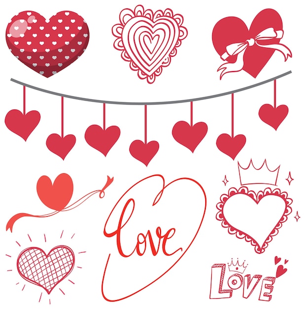 Collection of different heart icons in red colour