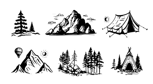 A collection of different mountains and a tent.