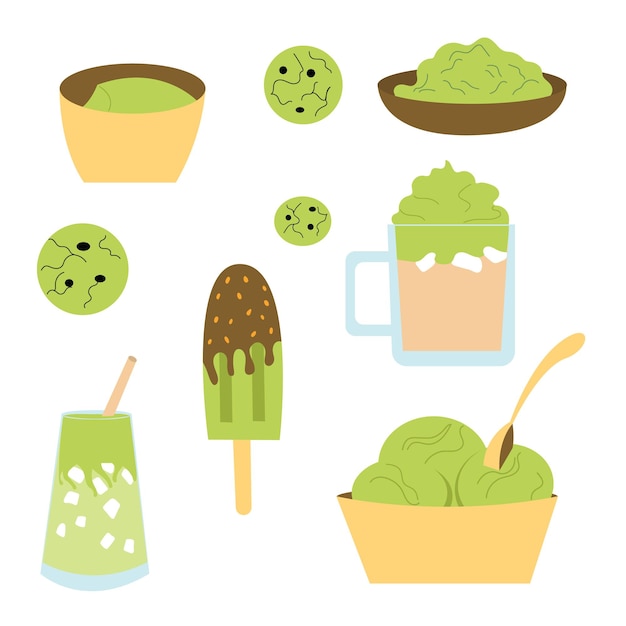 Collection of different options matcha food  chocolate ice cream cooling latte delicious cookies A set of cartoon items Vector handdrawn illustration isolated on a white background