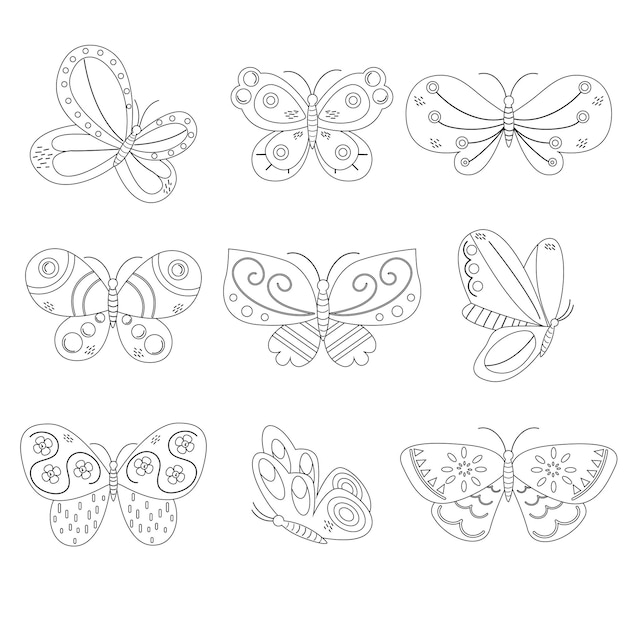 Collection of different outline of butterflies in pastel colors