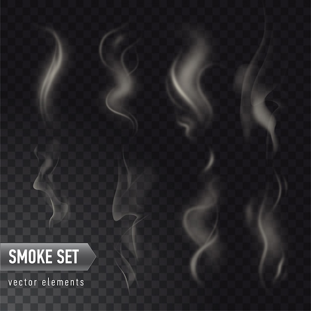 Vector collection of different realistic high detailed smokes from hot food or drink isolated on transparent background