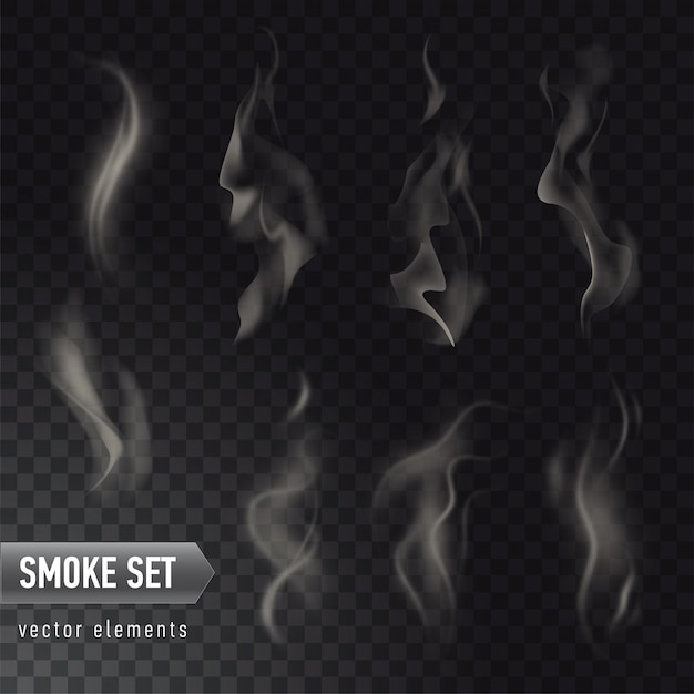 Collection of different realistic high detailed smokes from hot food or drink isolated on transparent background