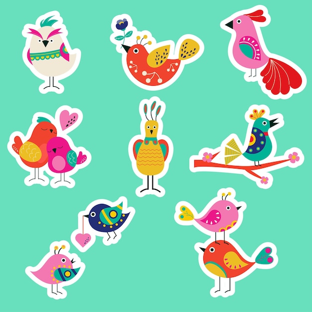 Collection of different stickers of cartoon birds Vector