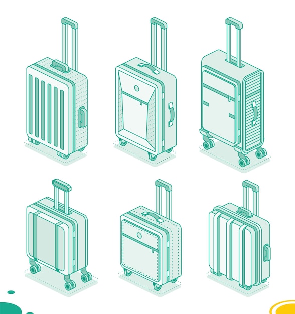 Collection of different suitcases on wheels isolated on white background Isometric outline icons Vector illustration Luggage Travel symbols